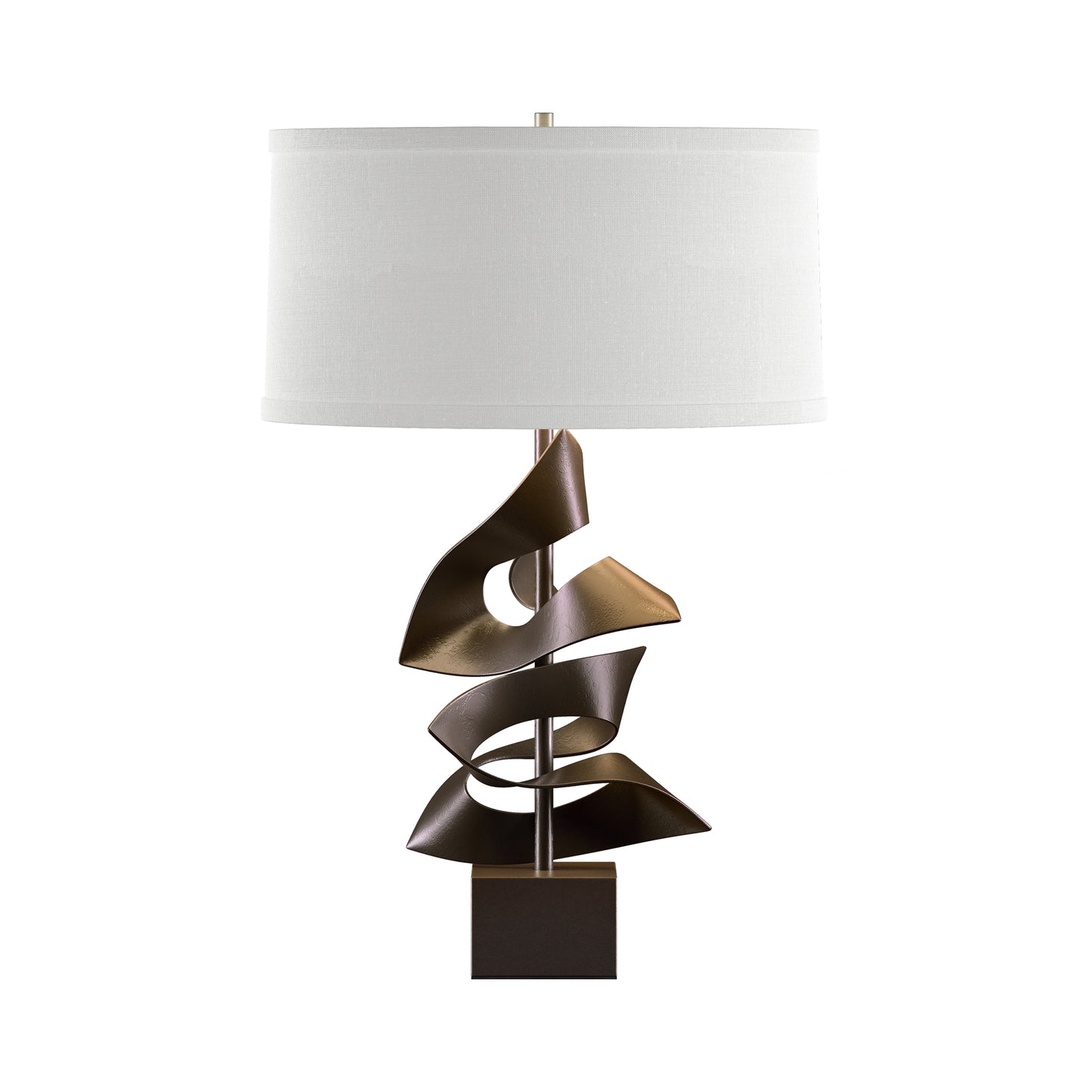 Hubbardton Forge Gallery Two Fold Table Lamp featuring a sculptural bronze base and white drum shade, expertly handcrafted for refined style.