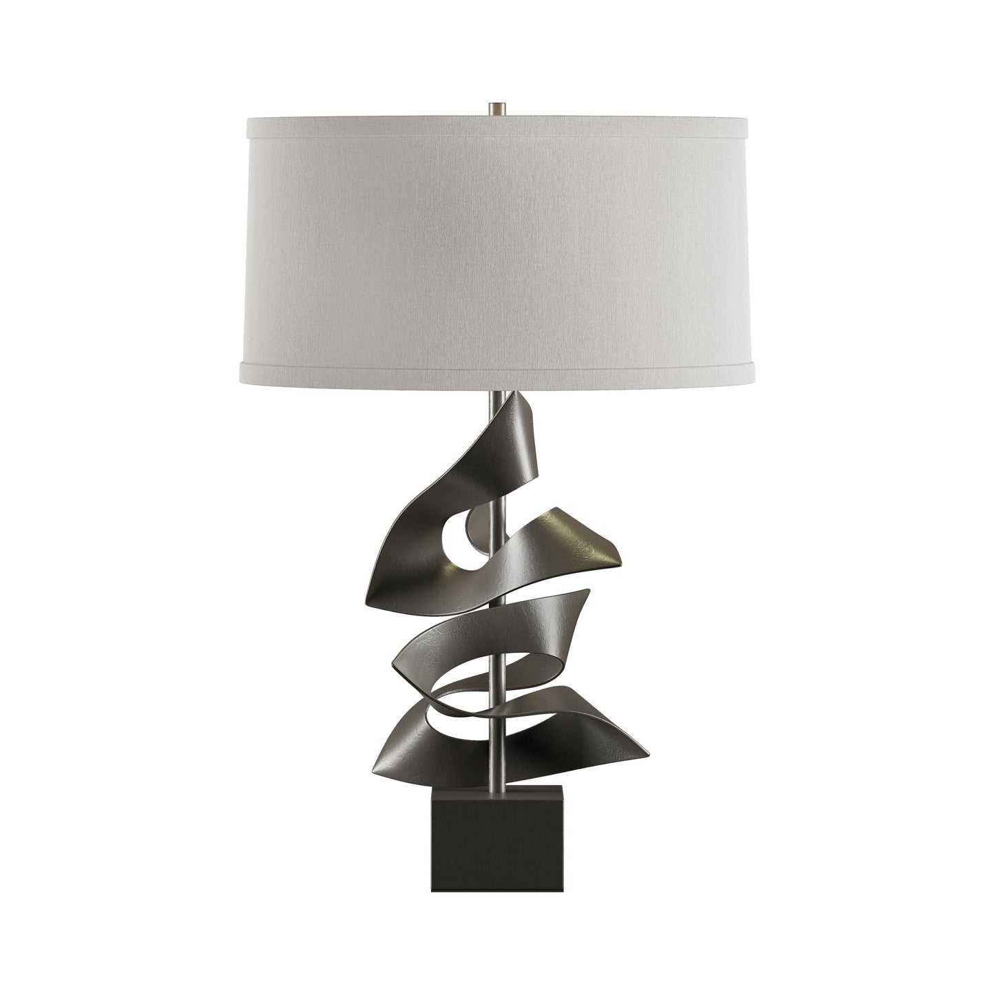 Gallery Two Fold Table Lamp by Hubbardton Forge with sculptural black base and white drum shade, showcasing elegant modern craftsmanship.