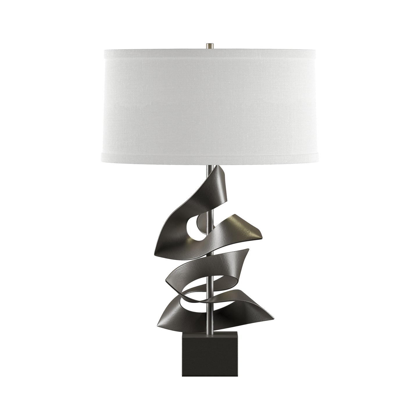 Gallery Two Fold Table Lamp by Hubbardton Forge with sculptural handcrafted metallic base and white shade, American made in Vermont.