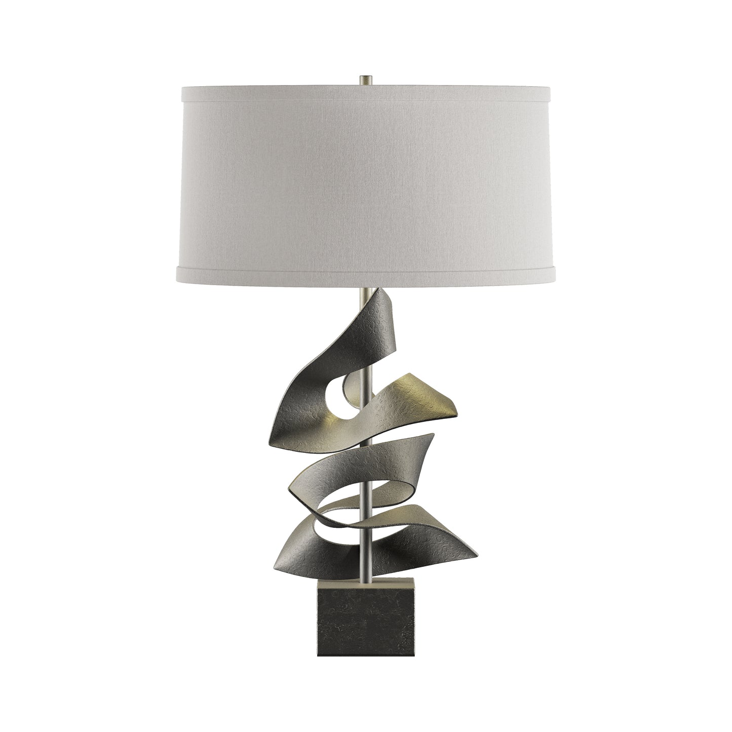Gallery Two Fold Table Lamp by Hubbardton Forge with a sculptural dark metal base and white cylinder shade, showcasing elegant American-made furniture craftsmanship.