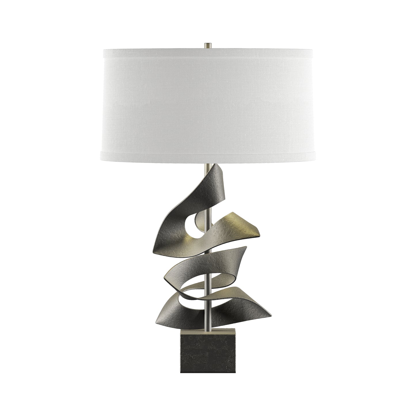 Gallery Two Fold Table Lamp by Hubbardton Forge featuring a sculptural metal base and white drum shade, handcrafted for elegant, modern lighting.