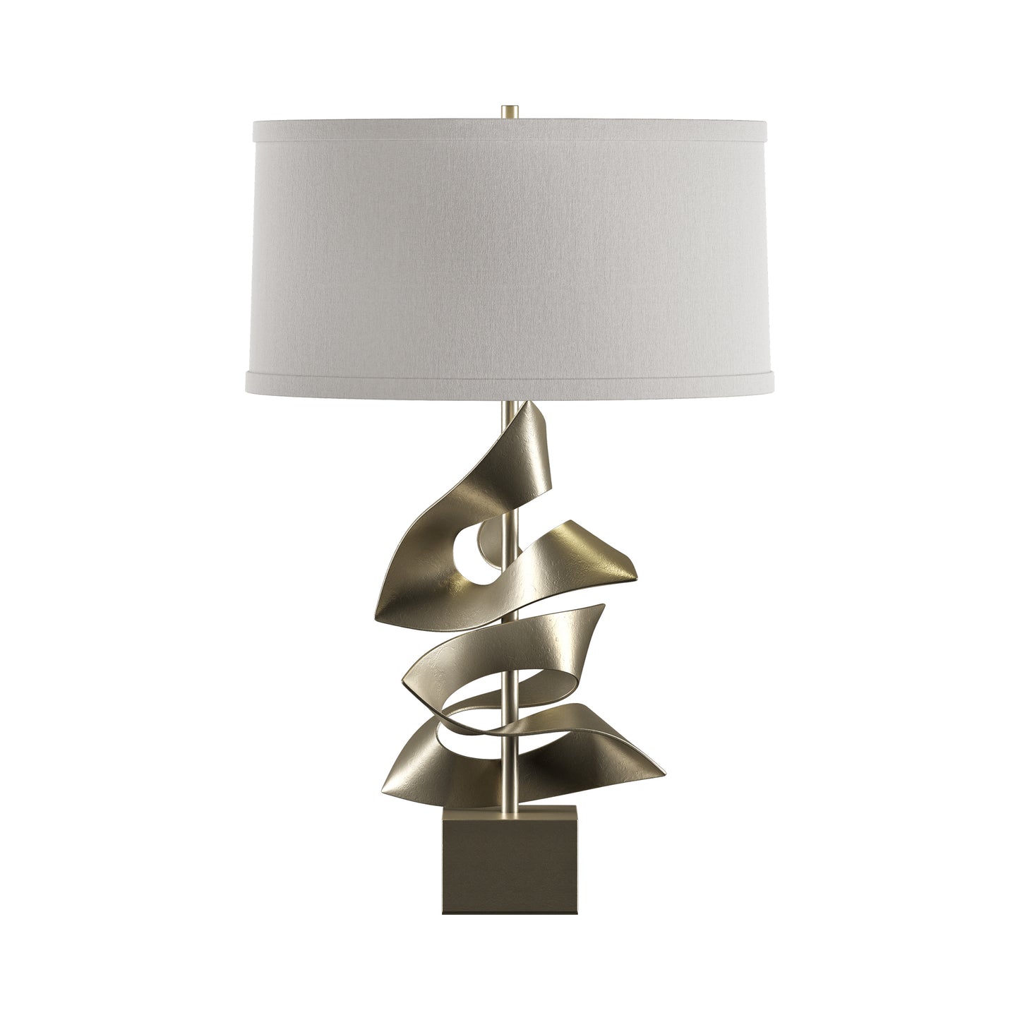 Gallery Two Fold Table Lamp by Hubbardton Forge with a sculptural metallic gold base and white cylindrical shade, showcasing artisanal American craftsmanship.