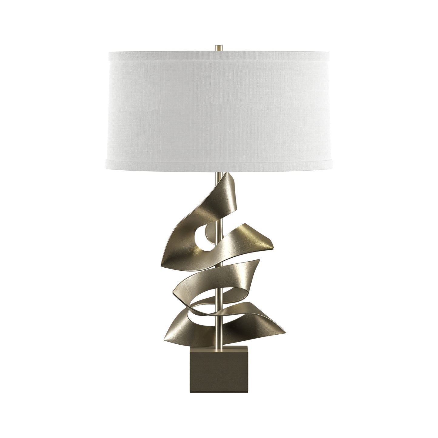 Gallery Two Fold Table Lamp by Hubbardton Forge with a sculptural handcrafted base and white drum shade, highlighting artisan craftsmanship and modern design.