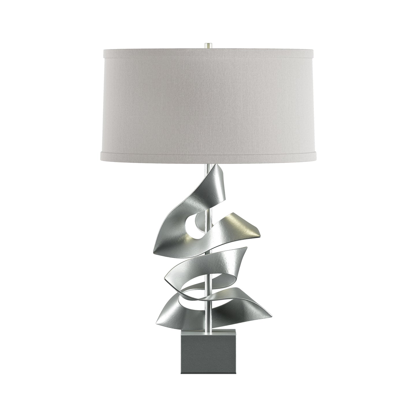 Hubbardton Forge Gallery Two Fold Table Lamp with a silver sculptural base and white cylindrical shade, showcasing elegant American-made craftsmanship.