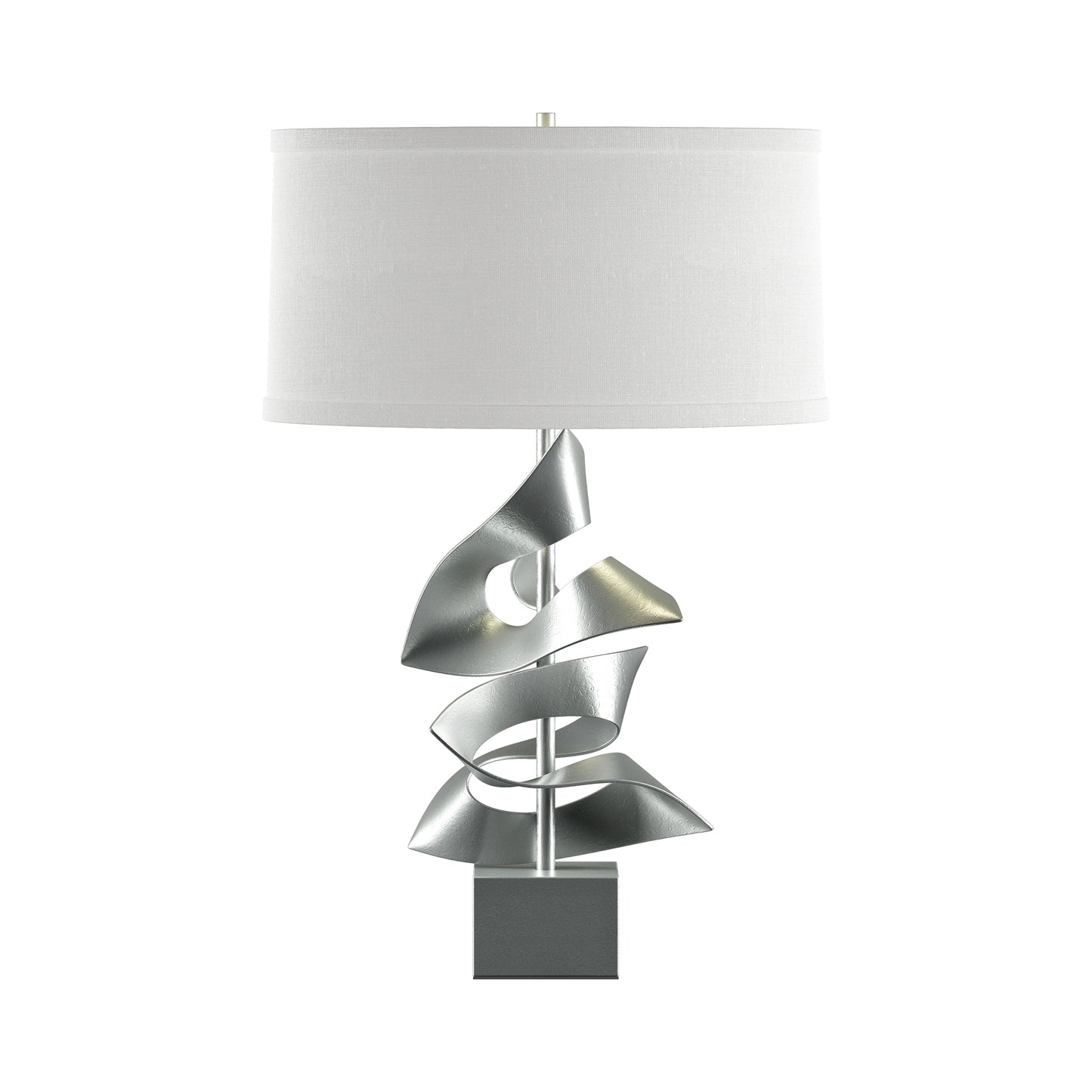 Gallery Two Fold Table Lamp by Hubbardton Forge with a sculptural silver base and white drum shade, showcasing modern, handcrafted American design.