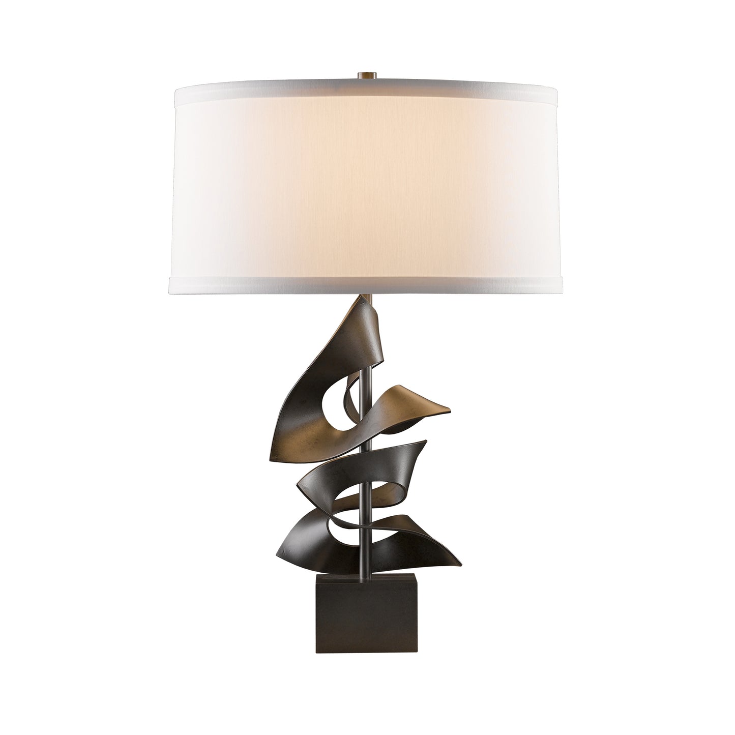 Gallery Two Fold Table Lamp featuring a sculptural bronze base and a white drum shade, crafted by Hubbardton Forge.