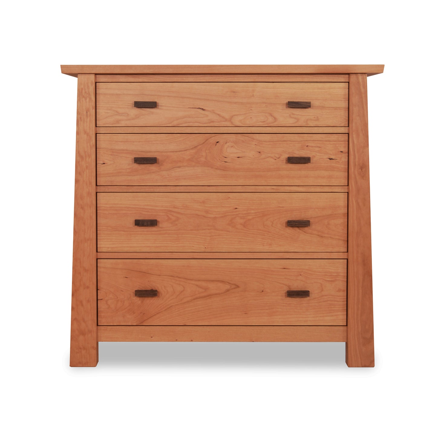 A Gamble 4-Drawer Chest made of light brown cherry wood from Maple Corner Woodworks, featuring four drawers with rectangular black metal handles, isolated on a white background.