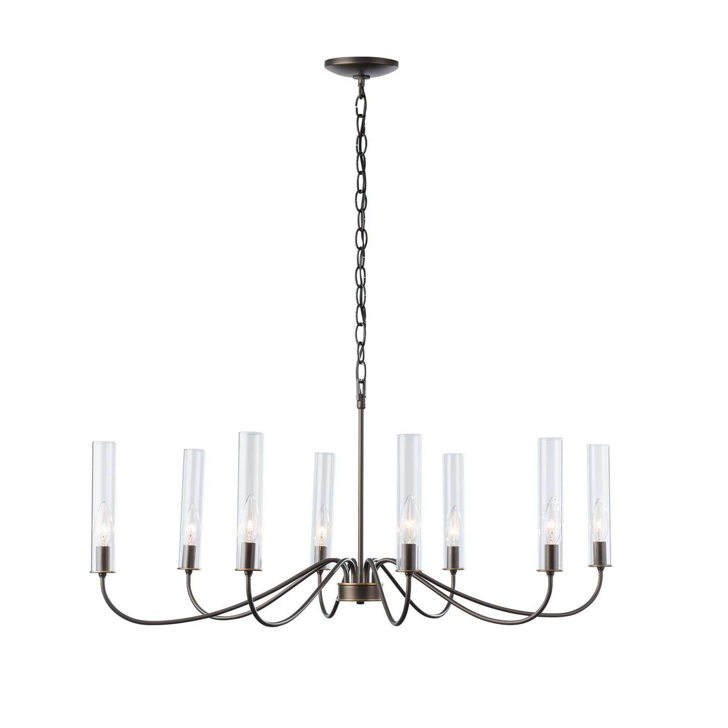 Grace 8-Arm Chandelier by Hubbardton Forge with eight candle lights and clear glass shades, elegantly suspended, adding a sophisticated touch to any room.
