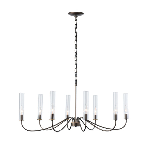 Grace 8-Arm Chandelier by Hubbardton Forge with eight candle lights and clear glass shades, elegantly suspended, adding a sophisticated touch to any room.