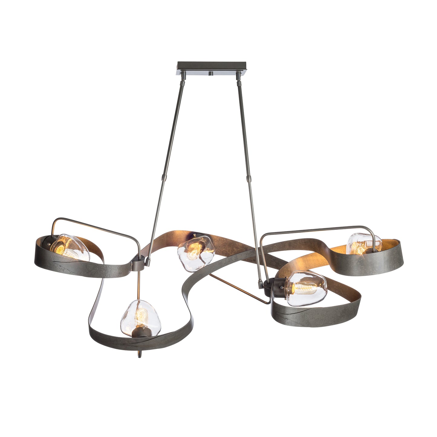 Modern Graffiti Pendant by Hubbardton Forge featuring four exposed bulbs in an intricate twisting metal frame, handcrafted in Vermont.