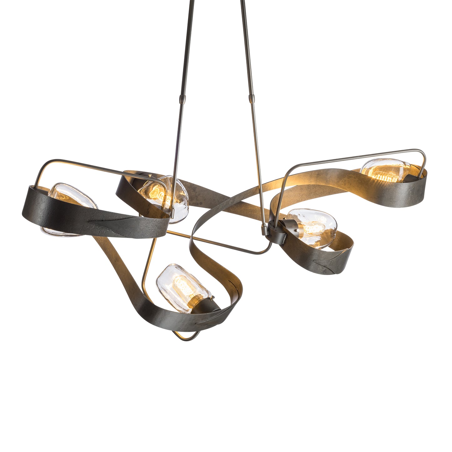 Hubbardton Forge Graffiti Pendant: handcrafted metal bands and exposed bulbs, Vermont-made, suspended by two rods.