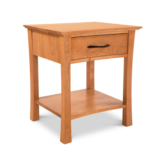 Green Mountain 1-Drawer Nightstand by Lyndon Furniture featuring modern design, sustainable hardwood, a black-handled drawer, and sleek legs.