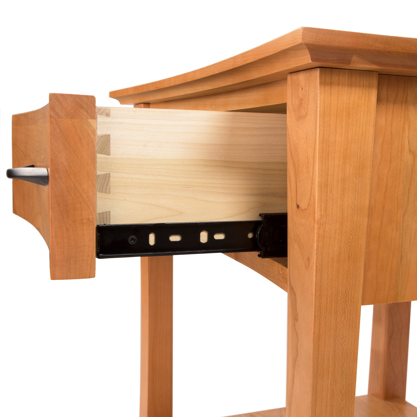 Lyndon Furniture Green Mountain Nightstand featuring dovetail joints, metal slide, sustainable hardwoods, and a minimalist black handle.