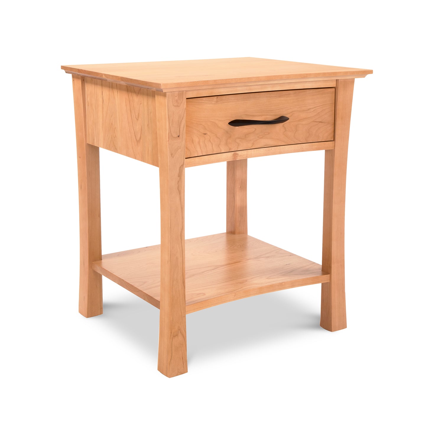 Green Mountain 1-Drawer Nightstand by Lyndon Furniture with a shelf, crafted from sustainably harvested hardwood and featuring elegant curved legs.