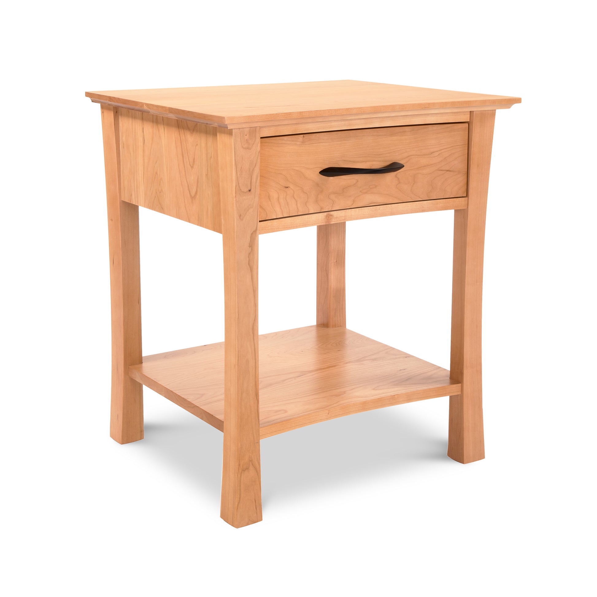 Green Mountain 1-Drawer Nightstand by Lyndon Furniture with a shelf, crafted from sustainably harvested hardwood and featuring elegant curved legs.