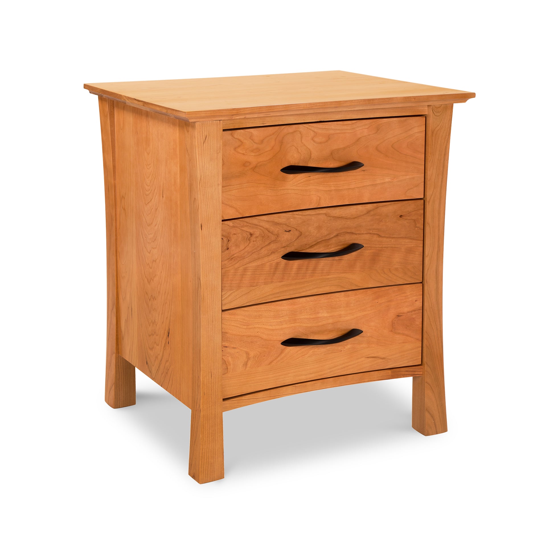 Green Mountain 3-Drawer Nightstand by Lyndon Furniture with polished light brown finish and three curved handles, crafted from sustainable hardwoods.