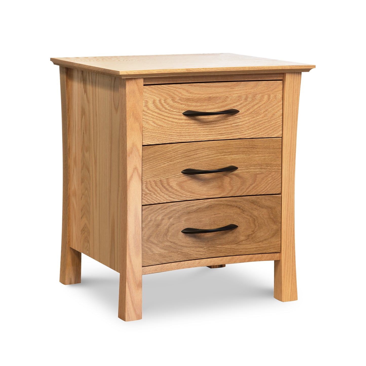 Lyndon Furniture Green Mountain 3-Drawer Nightstand in oak with modern curved black handles, crafted from sustainable hardwoods.
