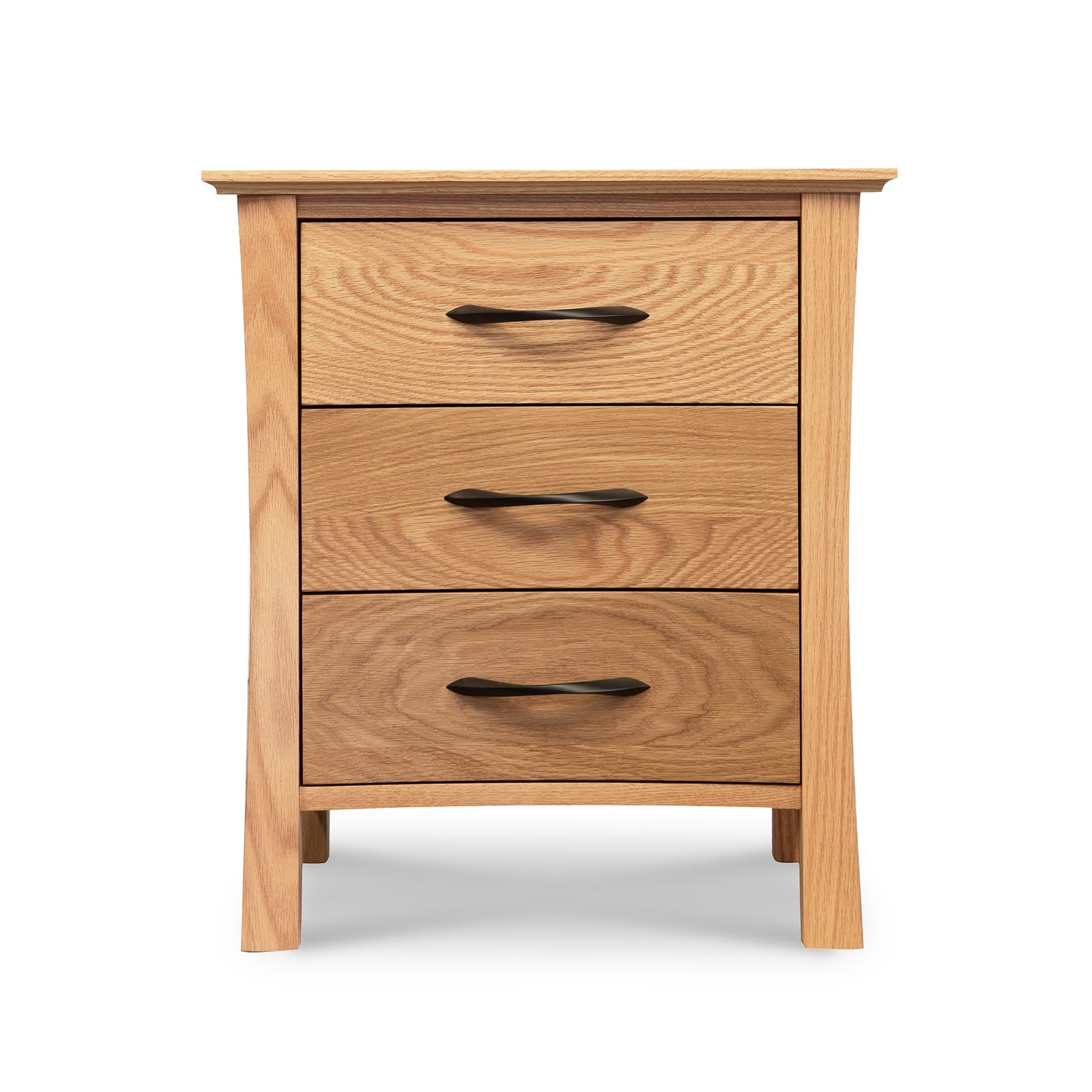 Green Mountain 3-Drawer Nightstand by Lyndon Furniture, showcasing sleek curved black handles, crafted from sustainably sourced hardwoods.