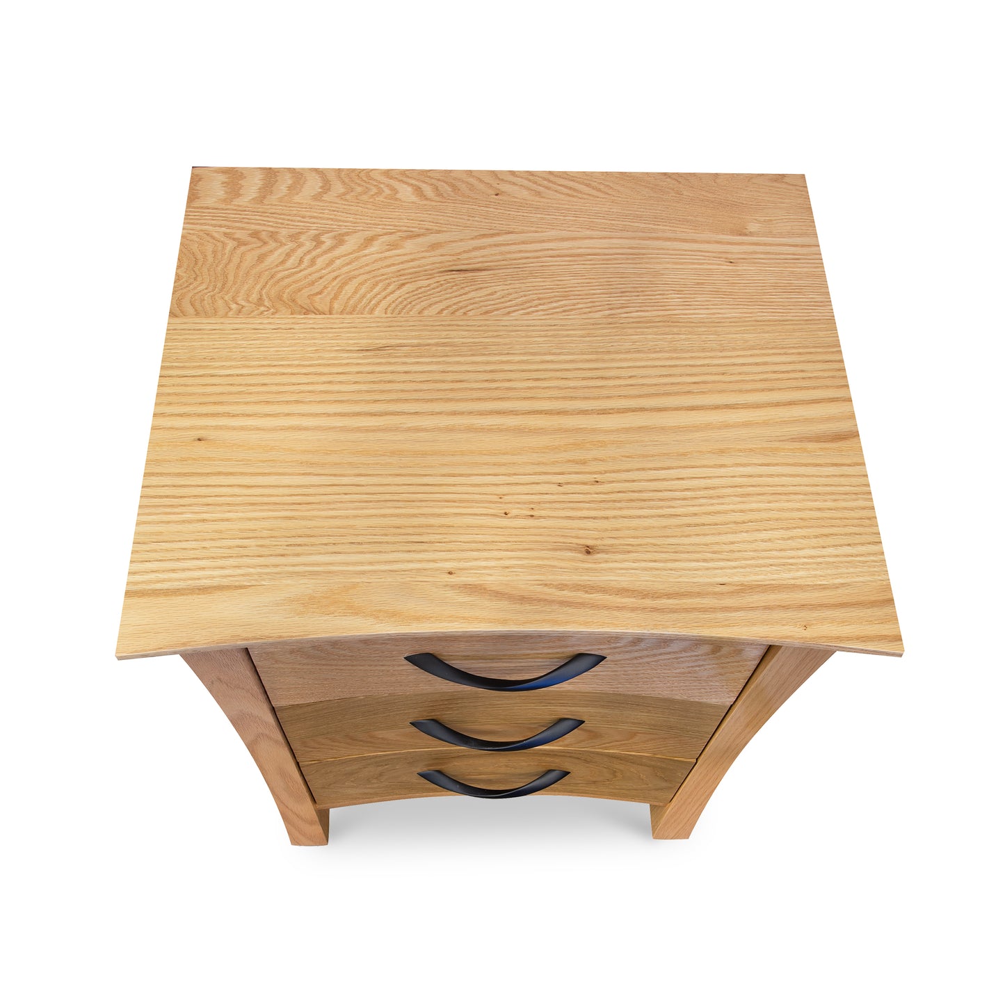 Green Mountain 3-Drawer Nightstand by Lyndon in sustainable hardwood, featuring elegant side panels and black handles, top view.