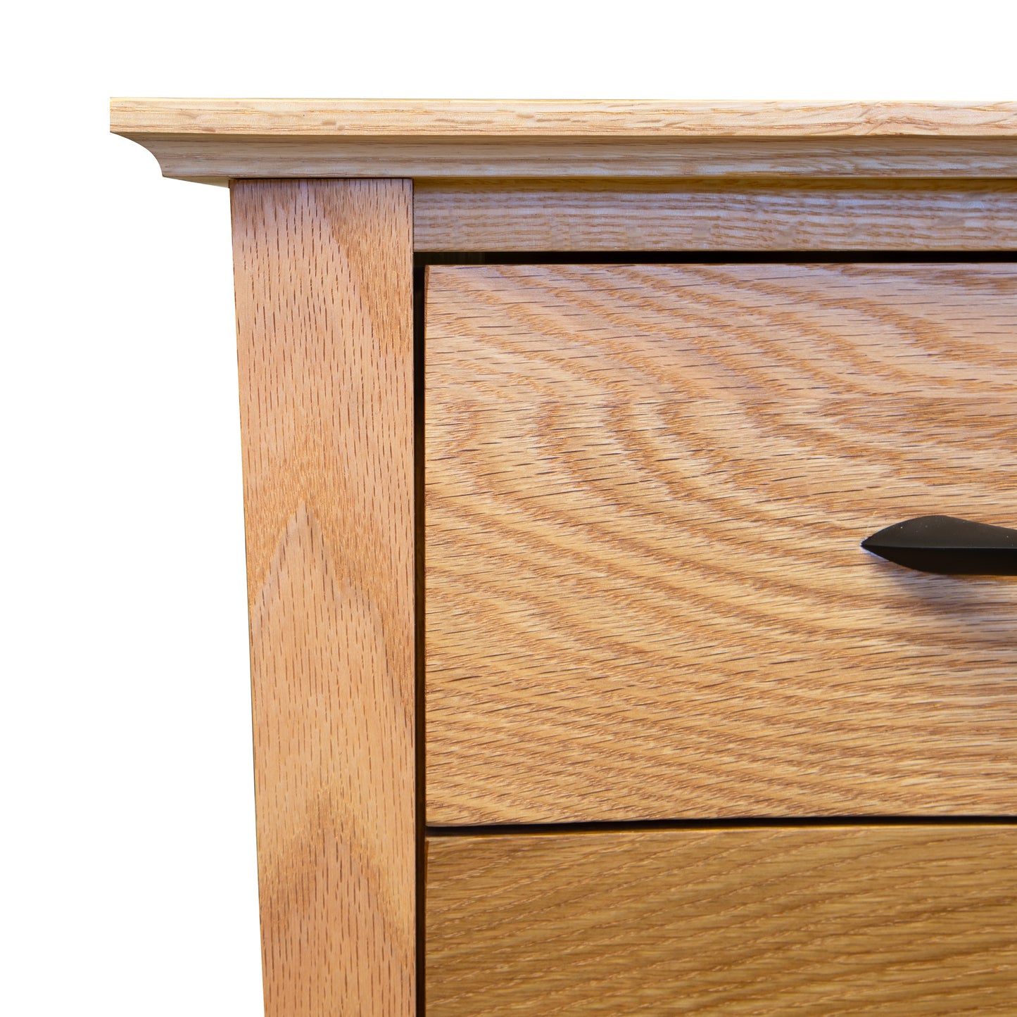 Lyndon Furniture Green Mountain 3-Drawer Nightstand featuring detailed oak grain and sleek black handles, highlighting two drawers.