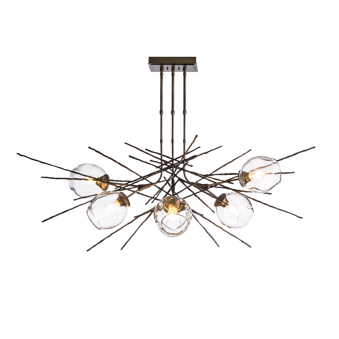 Hubbardton Forge Griffin Pendant with five hand-blown glass globes on a dark, steel frame.