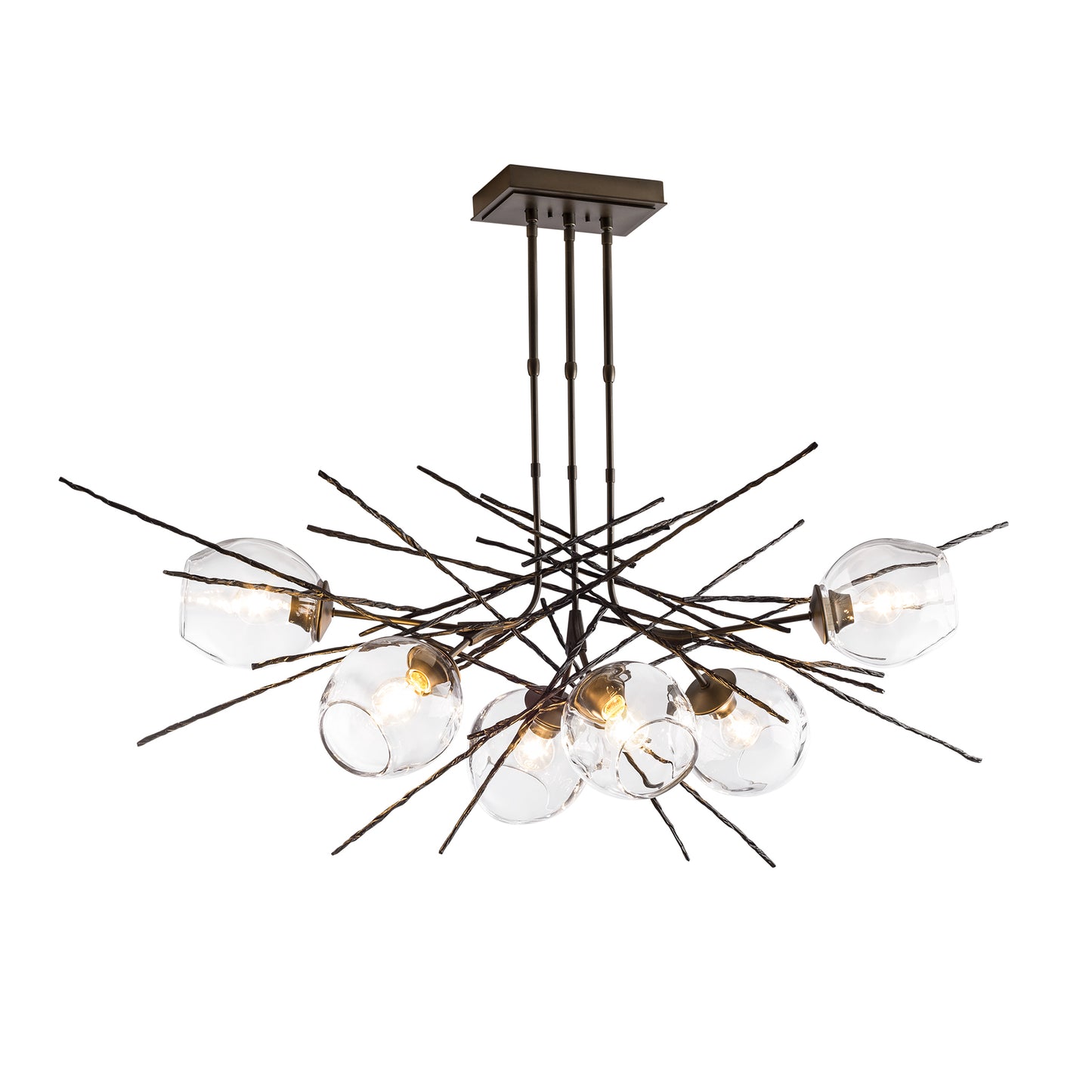 Modern Griffin Pendant chandelier featuring hand-forged steel rods and hand-blown glass bulbs by Hubbardton Forge.