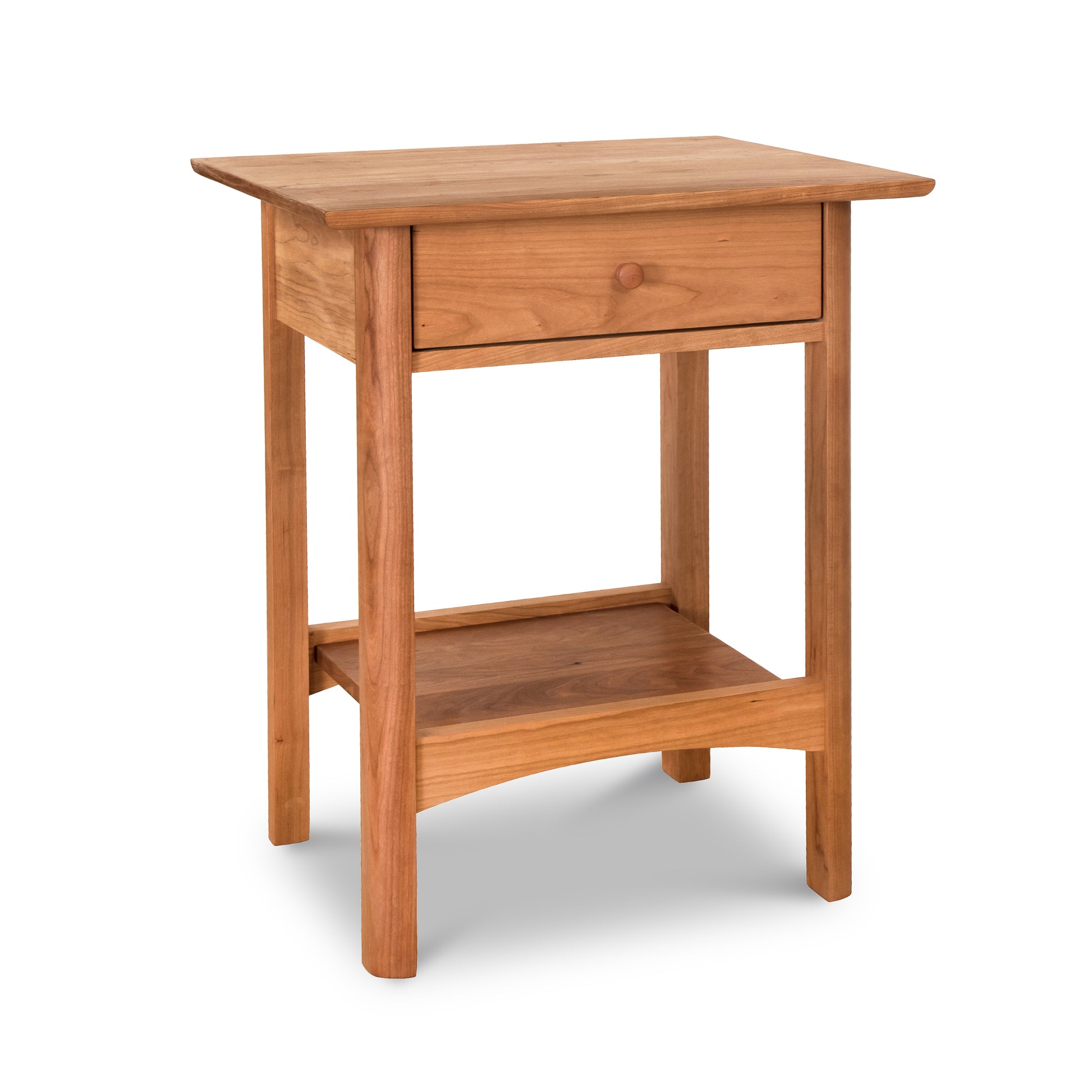 Eco-friendly oil finish Heartwood Shaker 1-Drawer Open Shelf Nightstand, crafted by Vermont Furniture Designs, isolated on a white background.