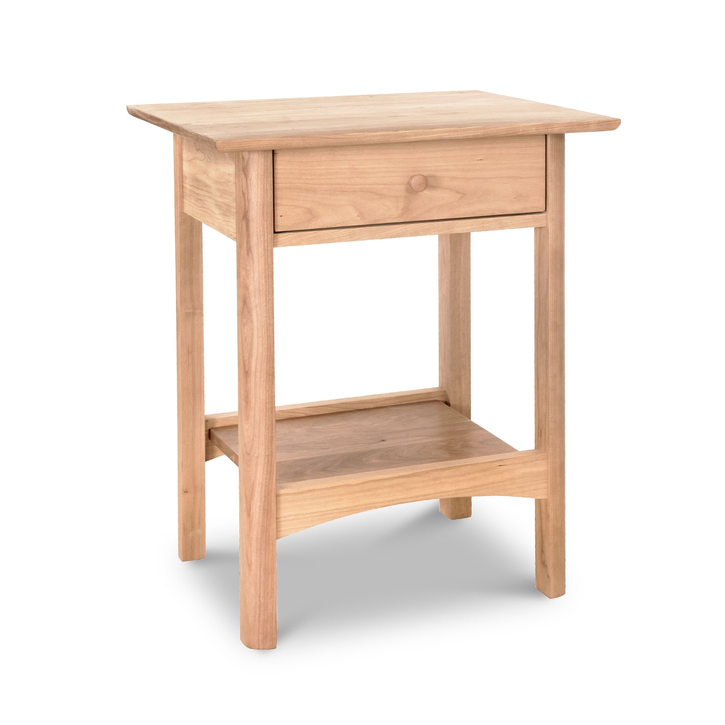Vermont Furniture Designs Heartwood Shaker 1-Drawer Open Shelf Nightstand, solid wood with a single drawer and lower shelf, isolated on a white background.