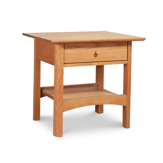 Heartwood Shaker 1-Drawer Open Shelf Nightstand by Vermont Furniture Designs with single drawer, round knob, and open lower shelf, crafted in solid wood.