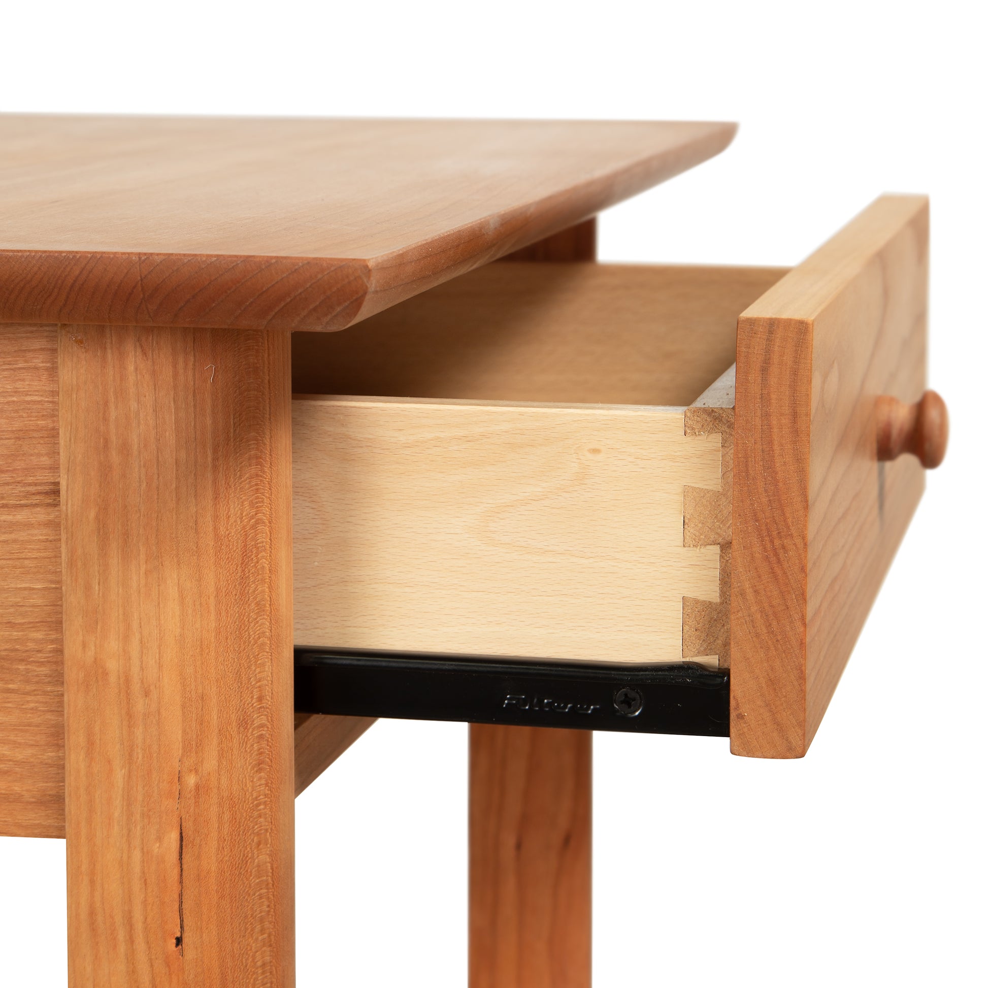 Heartwood Shaker 1-Drawer Open Shelf Nightstand by Vermont Furniture Designs shown in detail, highlighting quality dovetail joints and sturdy metal slide.