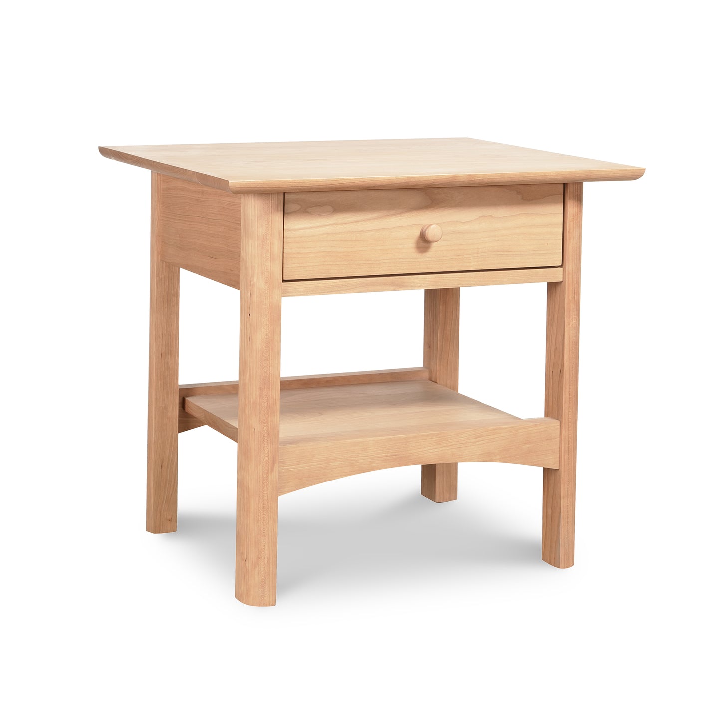 Vermont Furniture Designs Heartwood Shaker Open Shelf Nightstand, handcrafted solid wood, classic Shaker style with open storage shelf, no drawer.