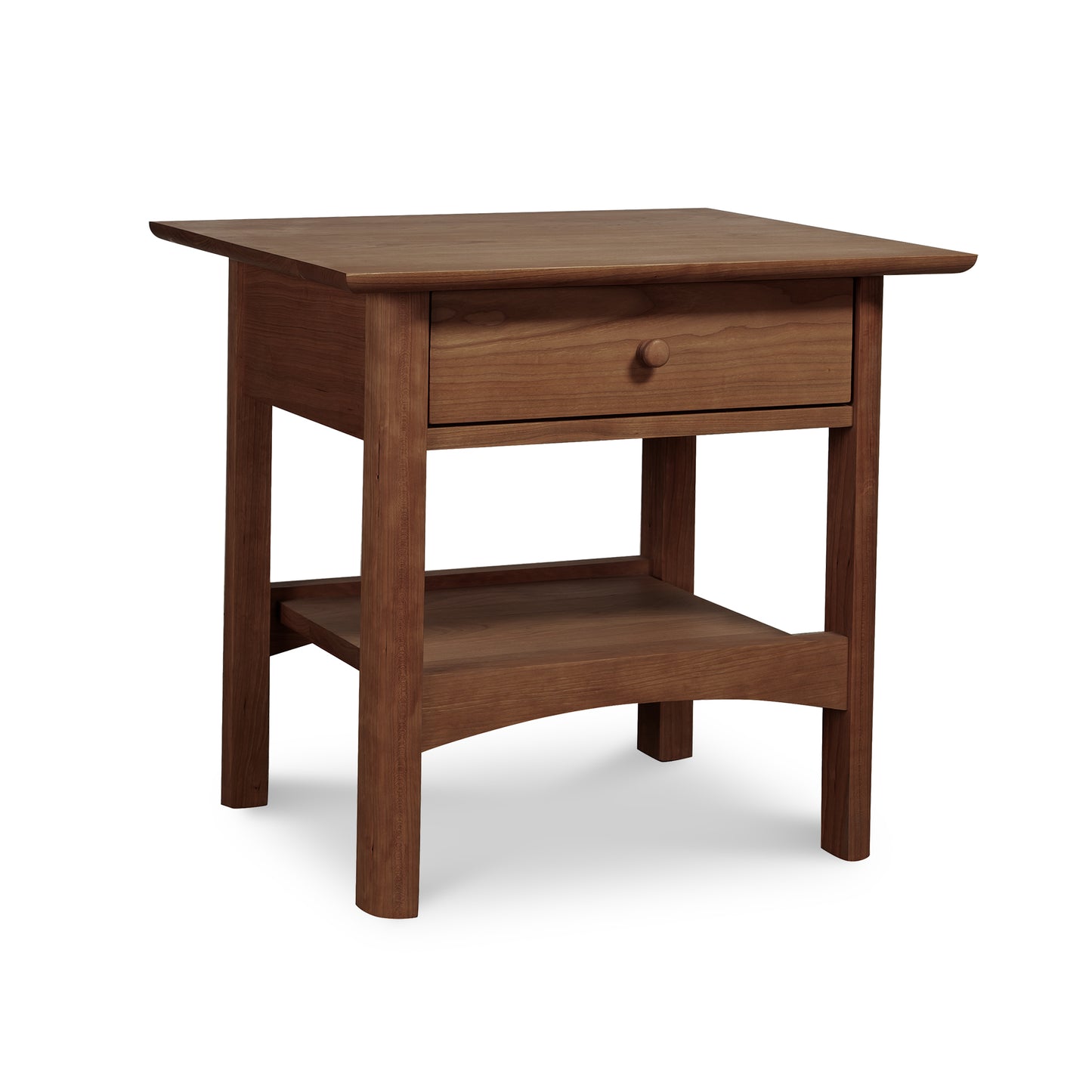 Vermont Furniture Designs Heartwood Shaker Open Shelf Nightstand features four legs and a lower shelf, highlighting its craftsmanship and classic Shaker style.