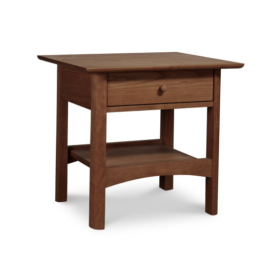 Vermont Furniture Designs Heartwood Shaker Open Shelf Nightstand features four legs and a lower shelf, highlighting its craftsmanship and classic Shaker style.