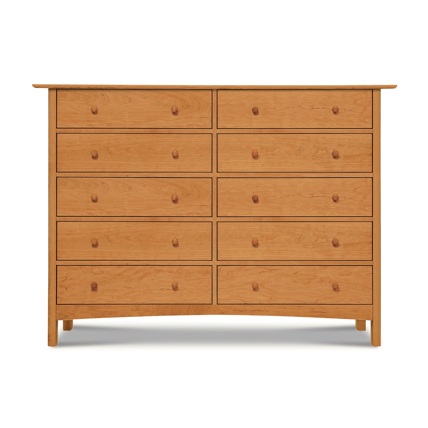 Heartwood Shaker 10-Drawer Dresser with round knobs, short legs, and eco-friendly finish by Vermont Furniture Designs.