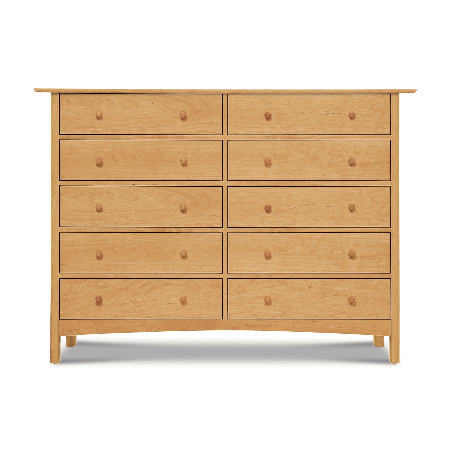 A Heartwood Shaker 10-Drawer Dresser from the Vermont Furniture Designs, featuring ten drawers with a simple, functional design and round knobs, isolated on a white background.