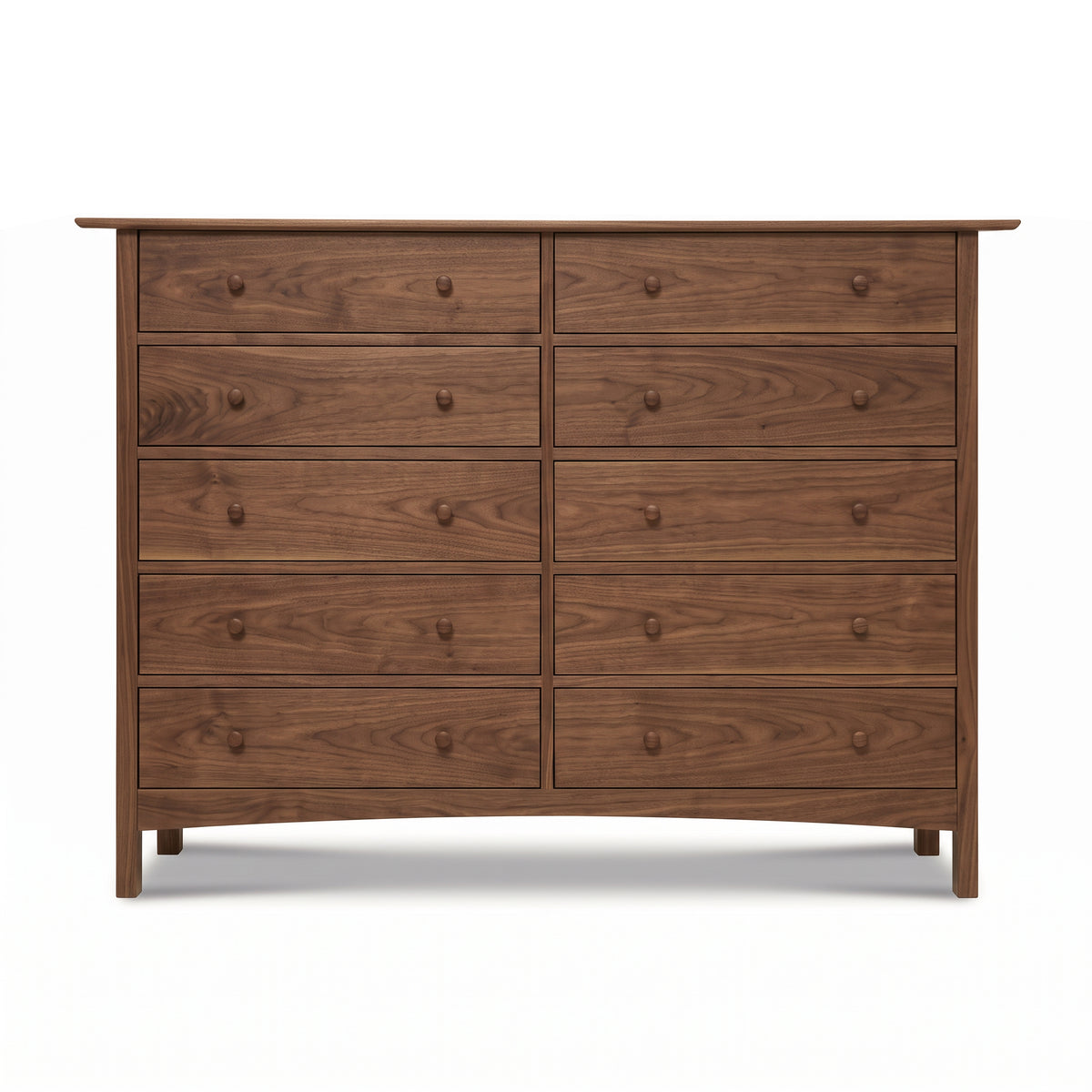 Heartwood Shaker 10-Drawer Dresser by Vermont Furniture Designs, handmade in Vermont with two rows of five drawers and minimalist round wooden knobs.