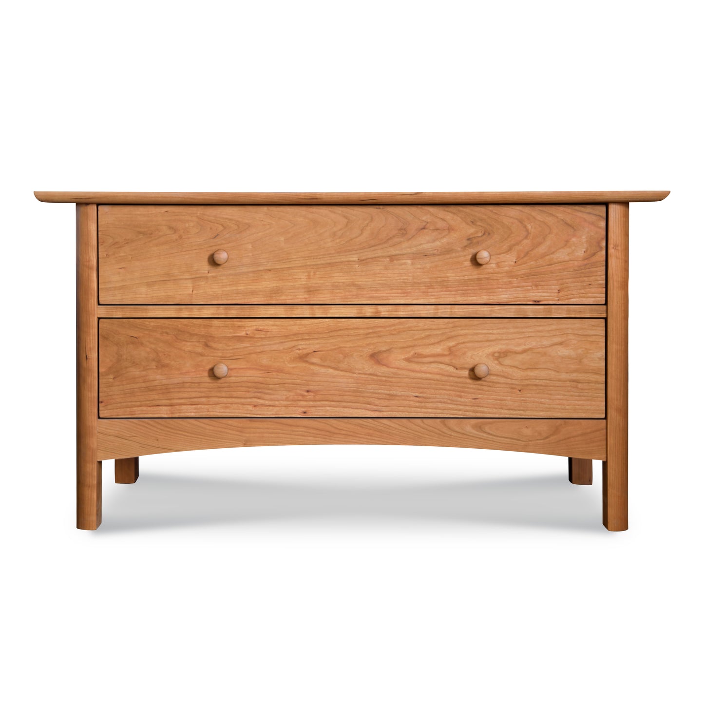 Heartwood Shaker 2-Drawer Blanket Chest by Vermont Furniture Designs with round knobs, natural wood finish, and signature flared legs.