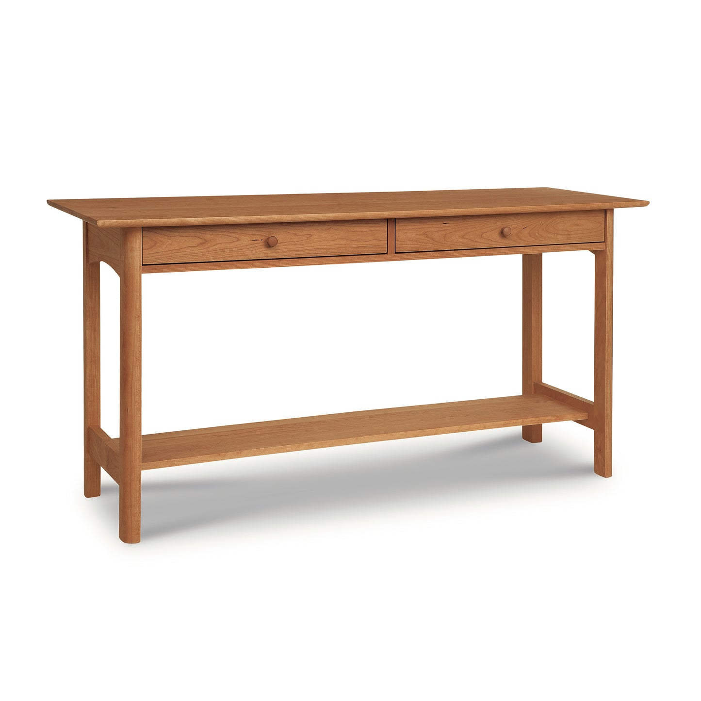 Heartwood Shaker 2-Drawer Console Table crafted from light brown solid wood with classic design, two drawers, and lower shelf.