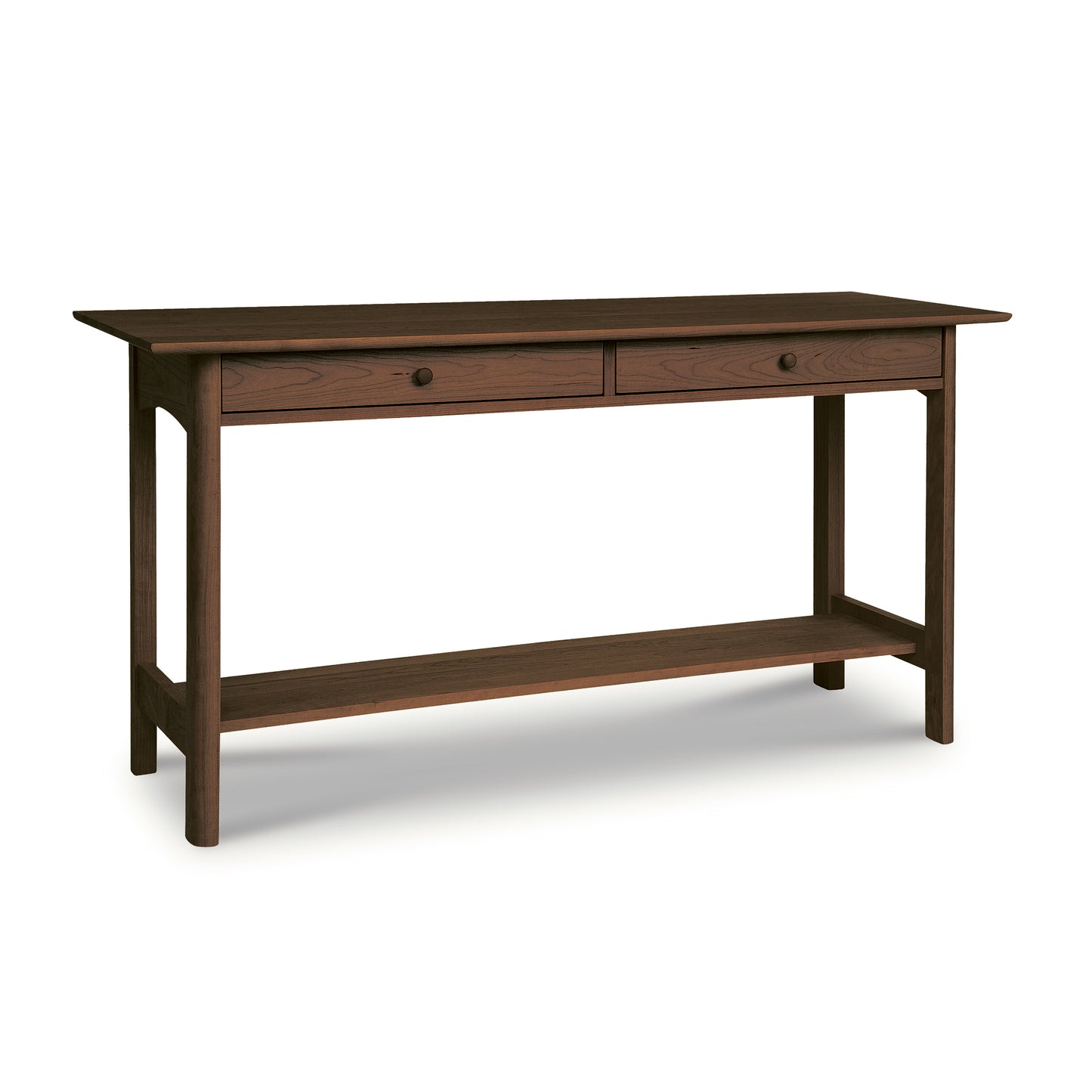 A solid wood Vermont Furniture Designs Heartwood Shaker 2-Drawer Console Table on a white background, featuring an eco-friendly oil finish.