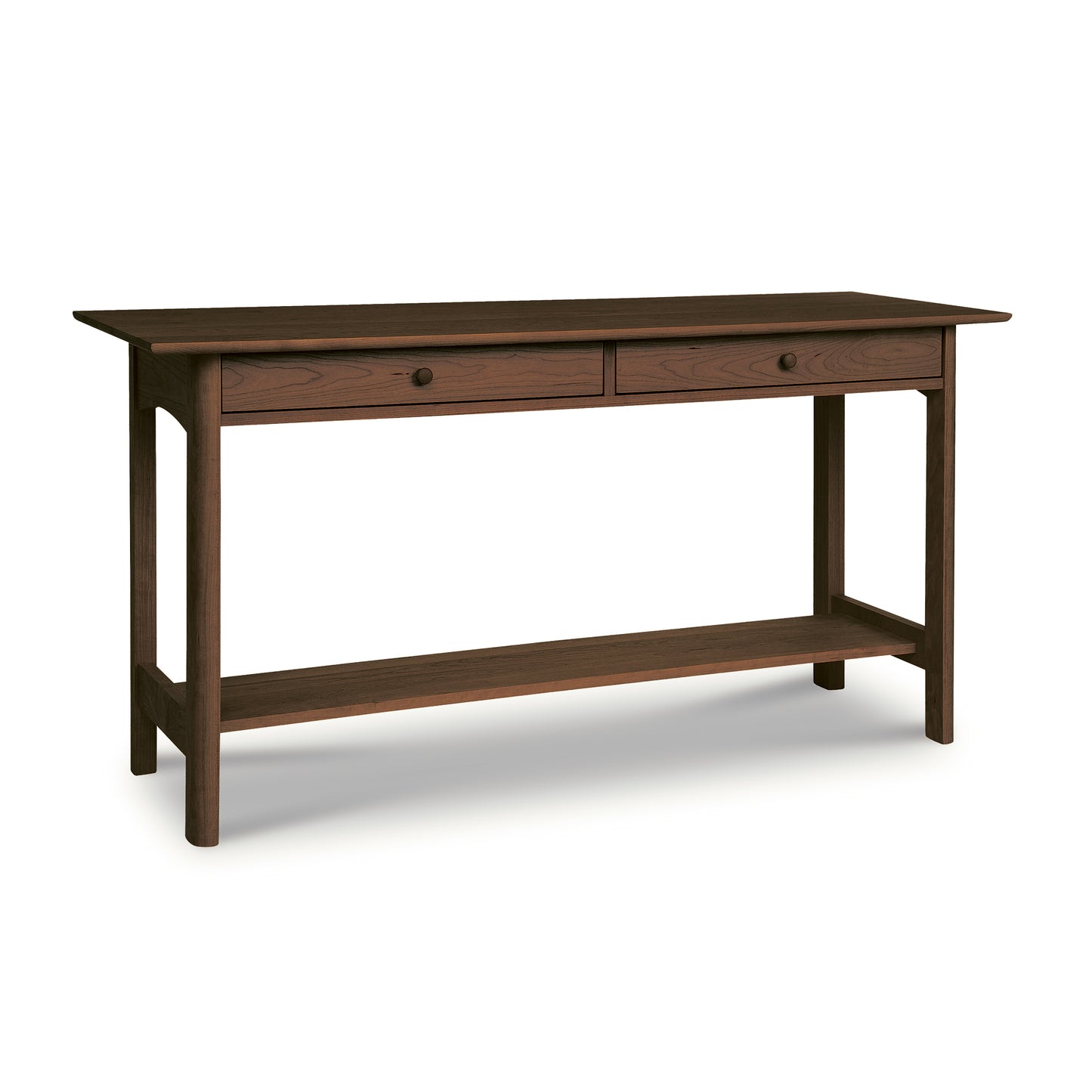 Heartwood Shaker 2-Drawer Console Table by Vermont Furniture Designs in solid wood with a dark finish, two drawers, and a lower shelf.