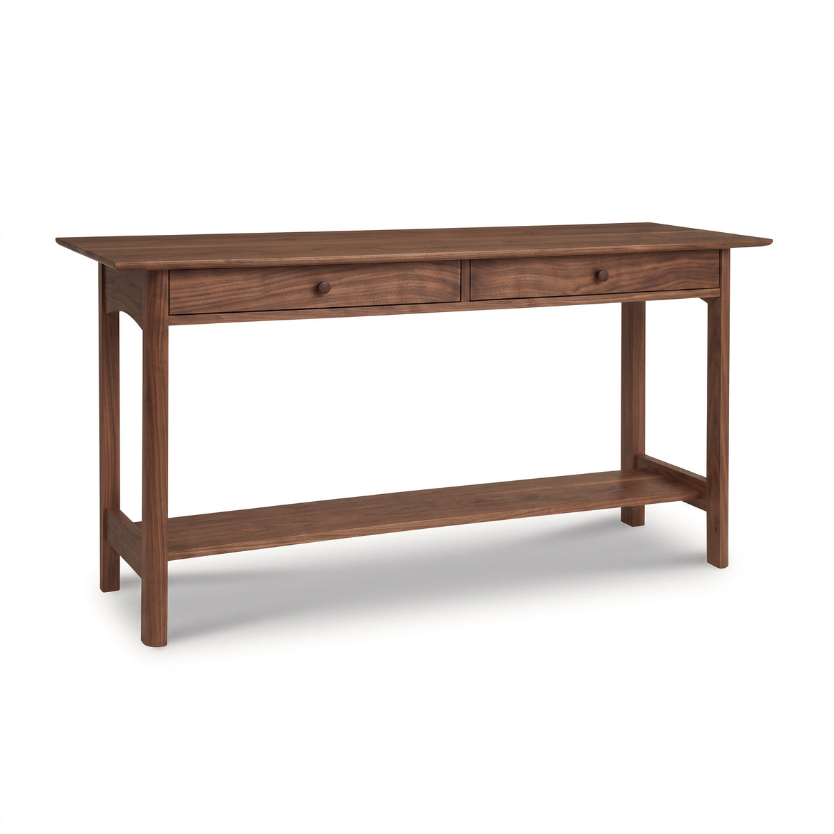 Heartwood Shaker 2-Drawer Console Table in dark wood by Vermont Furniture Designs, featuring a lower shelf and classic craftsmanship.