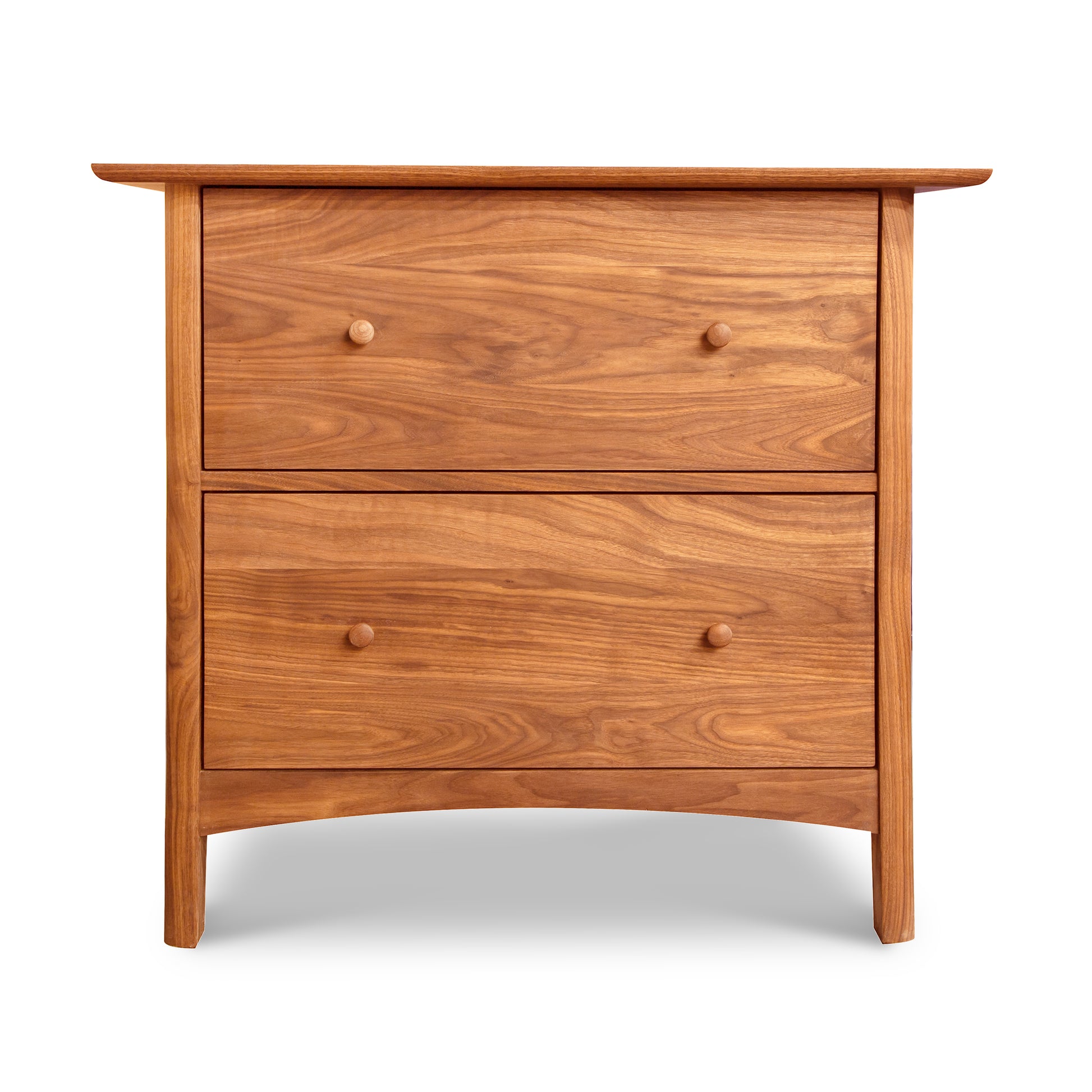 Heartwood Shaker 2-Drawer Lateral File Cabinet with natural wood finish, showcasing its solid craftsmanship and elegant Shaker design by Vermont Furniture Designs.