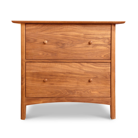 Heartwood Shaker 2-Drawer Lateral File Cabinet with natural wood finish, showcasing its solid craftsmanship and elegant Shaker design by Vermont Furniture Designs.