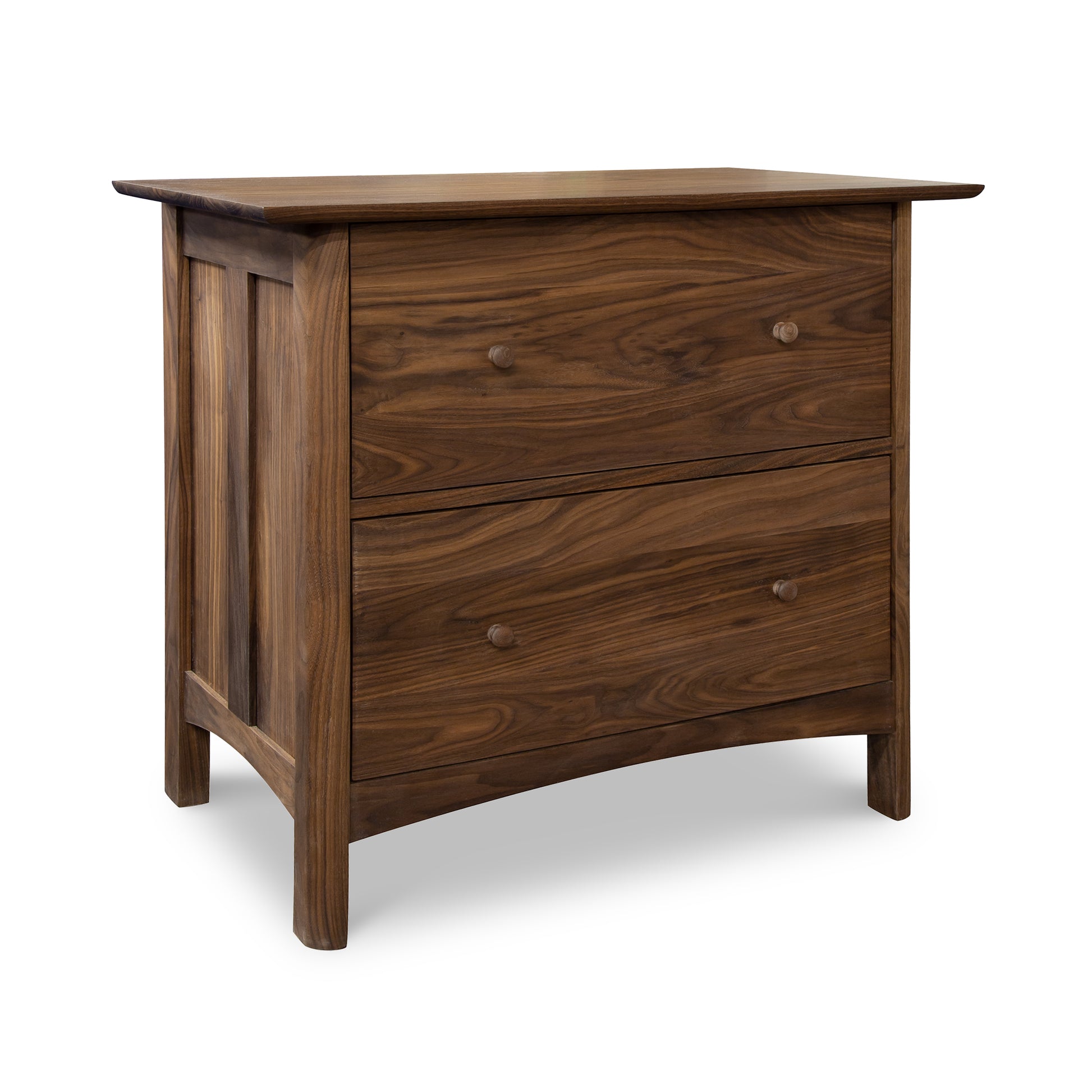 Heartwood Shaker 2-Drawer Lateral File Cabinet with round knobs and rich wood grain, crafted by Vermont Furniture Designs.