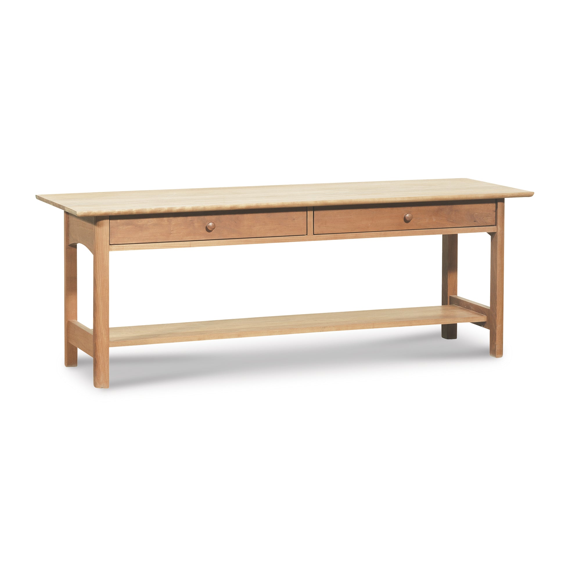 Heartwood Shaker 2-Drawer Coffee Table with lower shelf, crafted in hardwood and finished with eco-friendly oil by Vermont Furniture Designs.