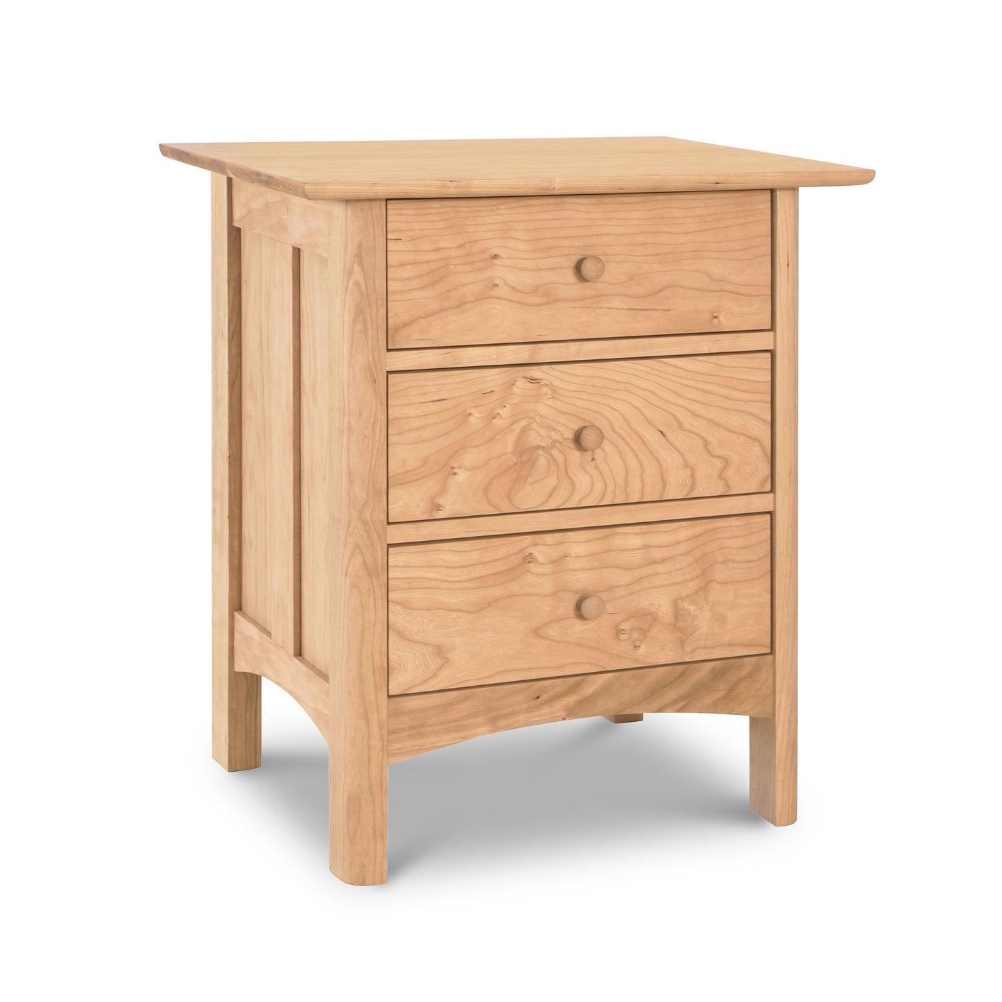 A Heartwood Shaker 3-Drawer Nightstand by Vermont Furniture Designs isolated on a white background.