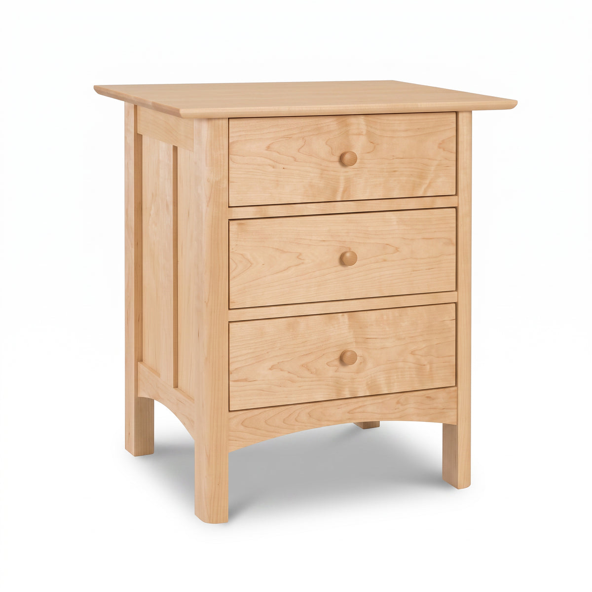 Heartwood Shaker 3-Drawer Nightstand by Vermont Furniture Designs with solid wood construction, round knobs, and a natural eco-friendly finish.