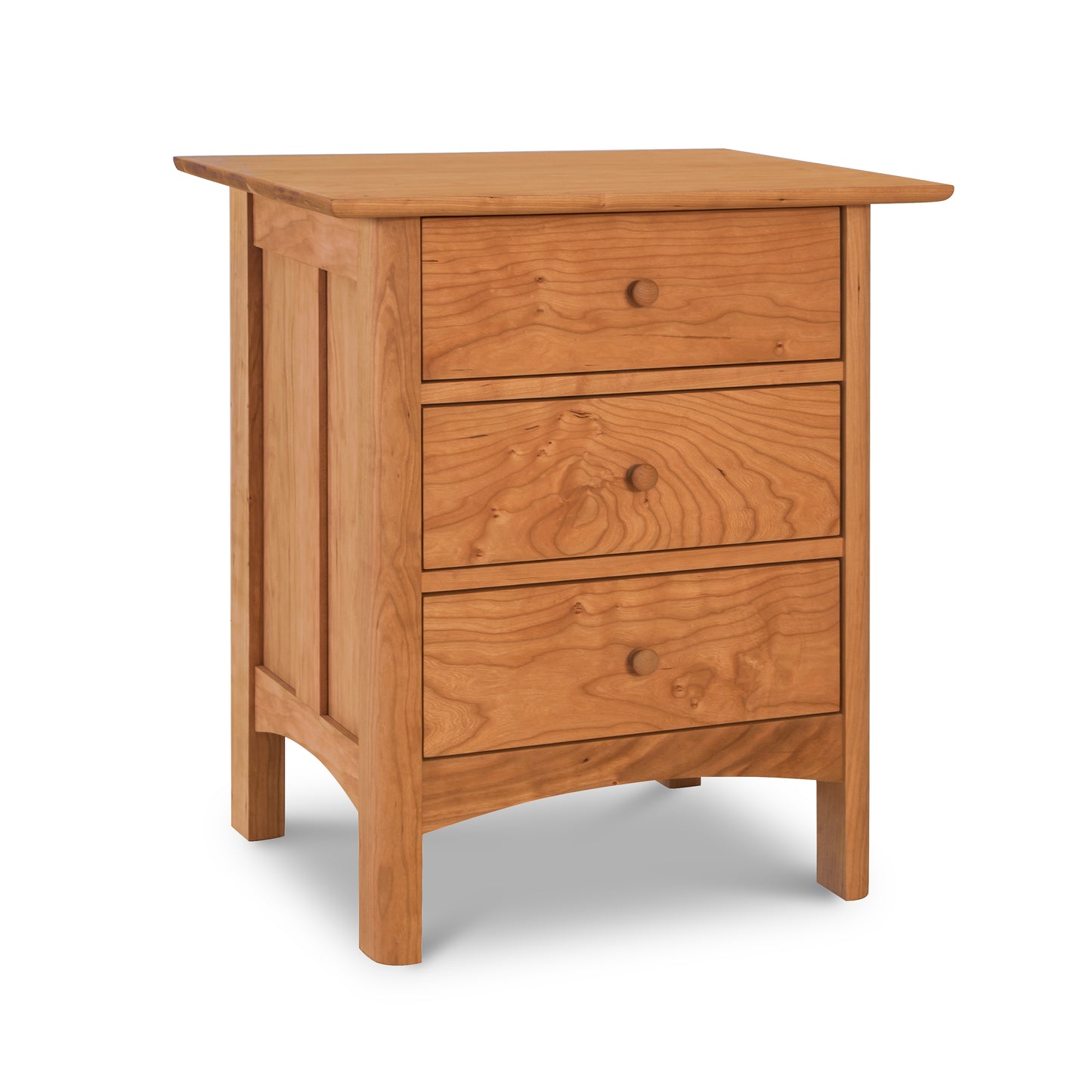 Heartwood Shaker 3-Drawer Nightstand by Vermont Furniture Designs, crafted from solid wood with round wooden knobs, displayed clearly against a plain background.