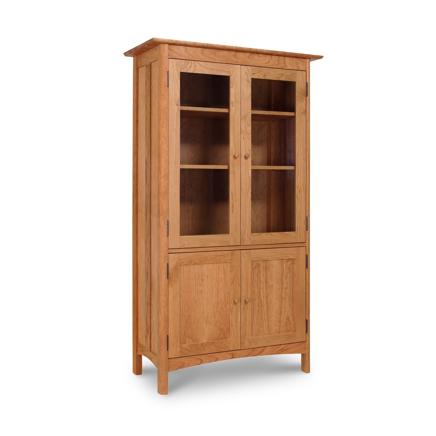 Heartwood Shaker 4-Door Bookcase with glass upper doors, solid wood construction, and spacious shelves, handcrafted by Vermont Furniture Designs.
