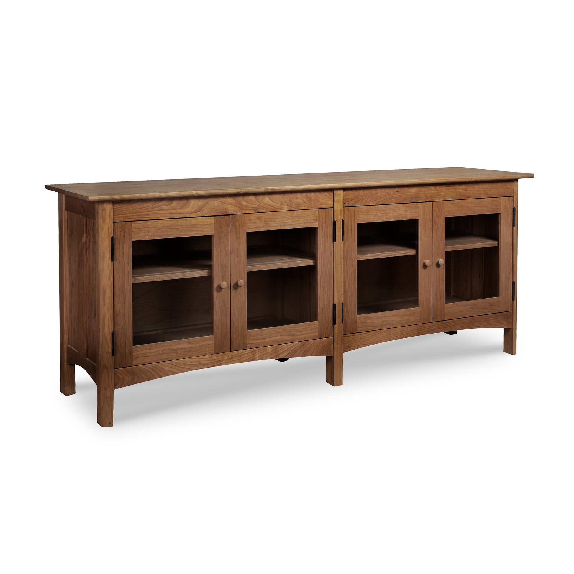 Handcrafted Heartwood Shaker 4-Door Console Bookcase with glass doors in light brown finish, by Vermont Furniture Designs.